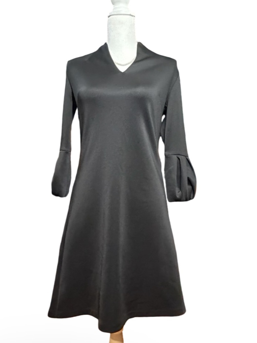 New‎ York & Company Black V-Neck Midi Dress with Puff Three-Quarter Sleeves S